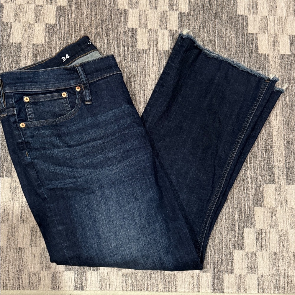 J. Crew Dark Worn Wash, Button-Fly, Demi-Boot Crop, High Rise Jean